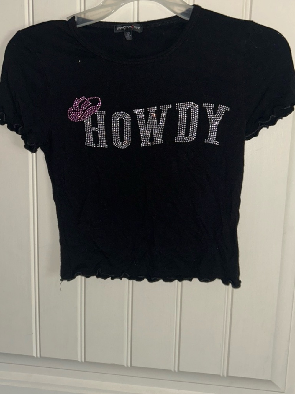 Crop Tee with Rhinestone 'HOWDY' Graphic - Black